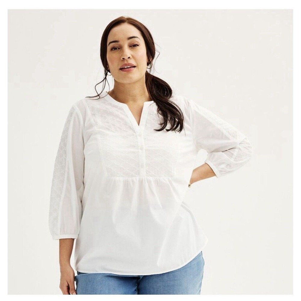 Croft & Barrow Eyelet Detail Popover Top Blouse White Women’s 1X Plus